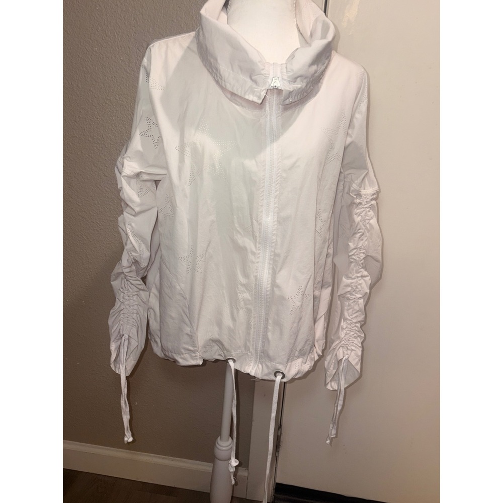 Nanette Lepore Play White Star Perforated Ruched Sleeve Windbreaker Jacket Large